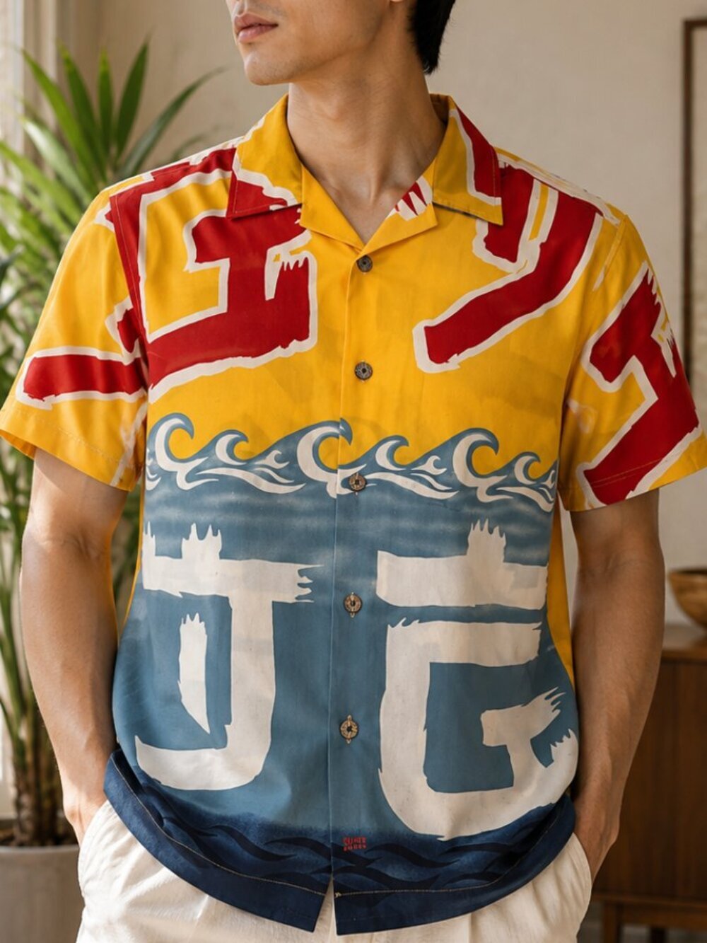 Vintage GUESS Wave Graphic Button Up Lightweight Shirt Medium Blue Yellow Red